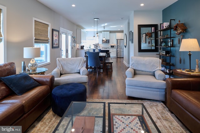 living room with dark wood-type flooring