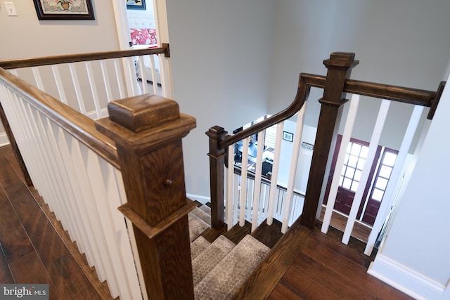 stairway with hardwood / wood-style floors