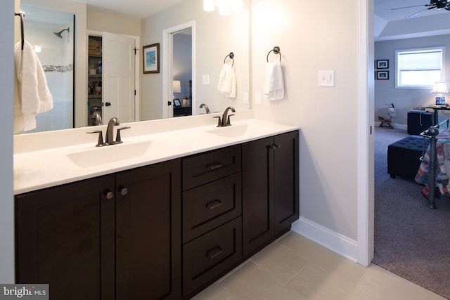 bathroom with vanity, tile patterned floors, and ceiling fan