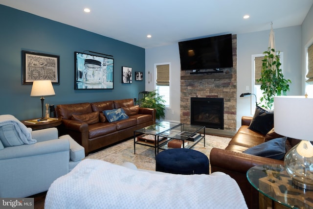 living room featuring a fireplace