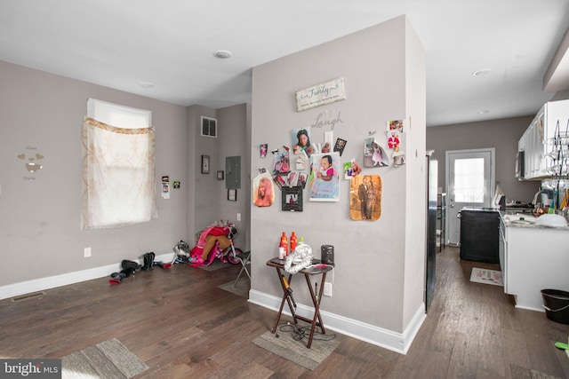 interior space with dark hardwood / wood-style floors, white cabinets, and electric panel