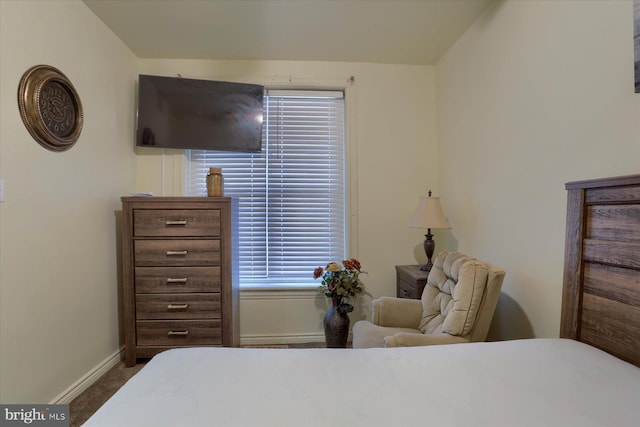 bedroom with dark carpet