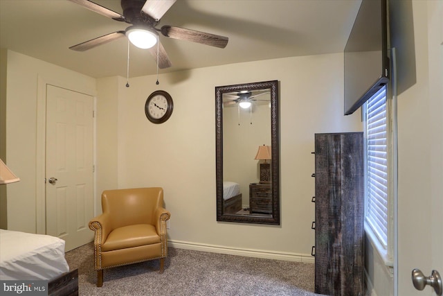 interior space with ceiling fan and carpet flooring