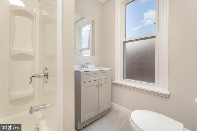 full bathroom with vanity, toilet, and  shower combination