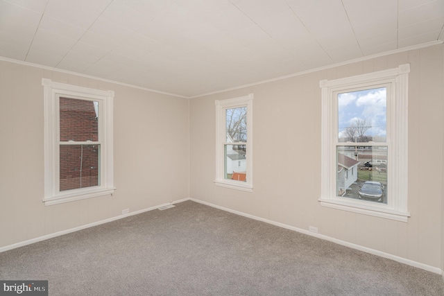 carpeted spare room featuring crown molding