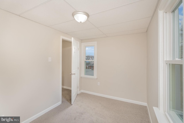 carpeted spare room with a paneled ceiling