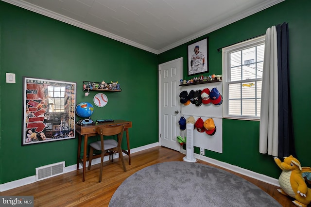 playroom featuring hardwood / wood-style flooring and ornamental molding