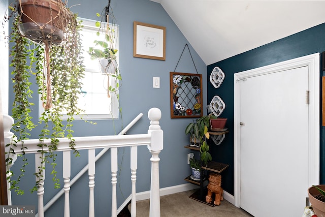 entryway with vaulted ceiling and carpet floors