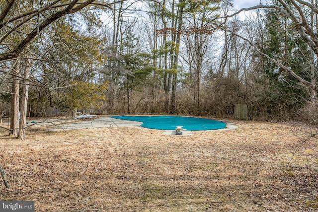 view of swimming pool featuring a diving board and a covered pool