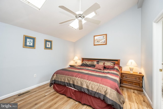 bedroom featuring ceiling fan, lofted ceiling, and light hardwood / wood-style floors