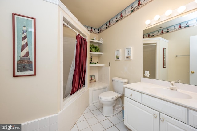 full bathroom featuring vanity, tile patterned floors, shower / bath combo with shower curtain, and toilet