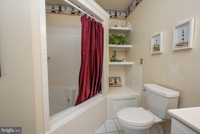 full bathroom featuring vanity, tile patterned flooring, shower / bath combination with curtain, and toilet