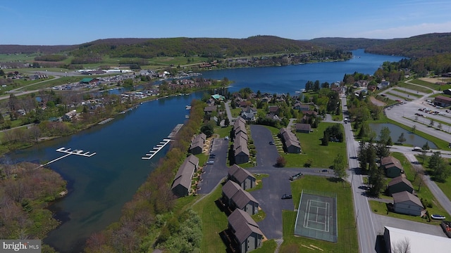 drone / aerial view with a water and mountain view