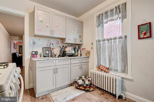 kitchen with hardwood / wood-style flooring, radiator, sink, and gas range gas stove