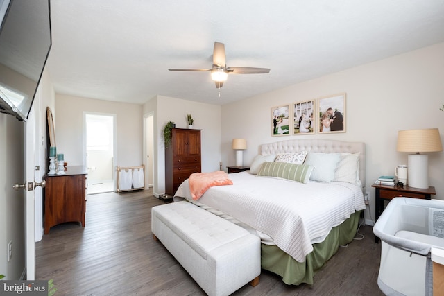 bedroom featuring ceiling fan and dark hardwood / wood-style floors