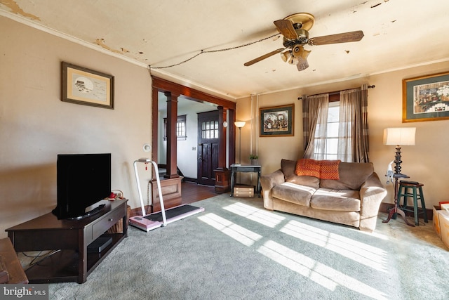 carpeted living room featuring ceiling fan, ornamental molding, and a wood stove