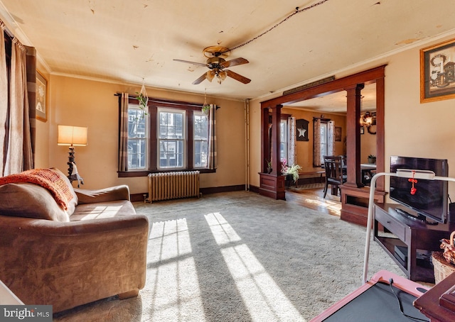 carpeted living room with radiator, ornamental molding, decorative columns, and ceiling fan