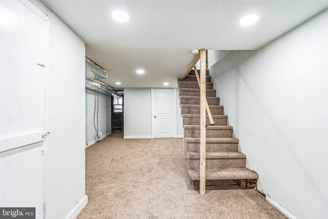 basement featuring light carpet