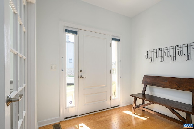 foyer with a wealth of natural light and light hardwood / wood-style flooring