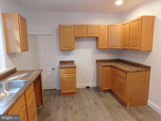 kitchen featuring sink, wood counters, and light hardwood / wood-style flooring