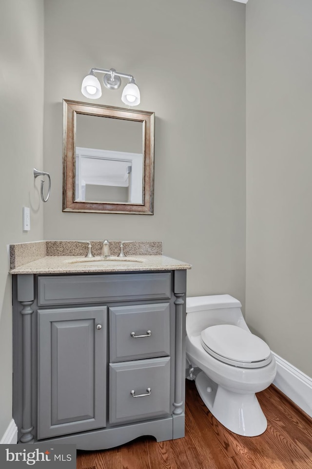 bathroom featuring vanity, wood-type flooring, and toilet