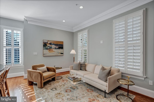 living room with hardwood / wood-style floors and crown molding