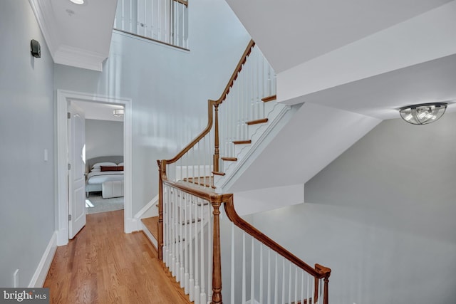 stairway with hardwood / wood-style flooring and ornamental molding