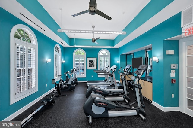 workout area featuring ceiling fan