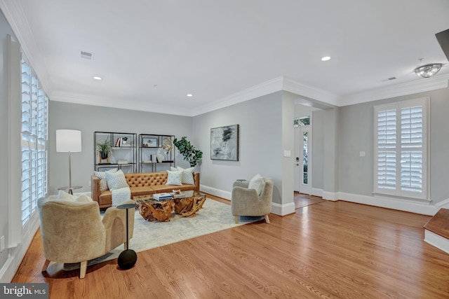 living room featuring crown molding and light hardwood / wood-style floors