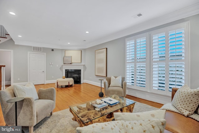 living room featuring ornamental molding, a healthy amount of sunlight, and light wood-type flooring