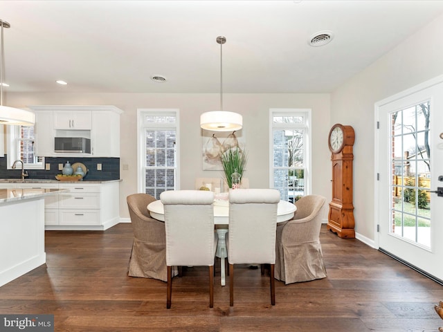 dining room featuring sink and dark hardwood / wood-style floors