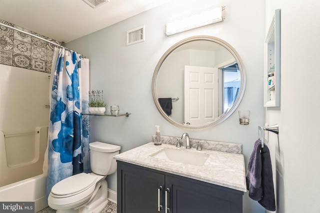 full bathroom featuring vanity, shower / bath combination with curtain, and toilet