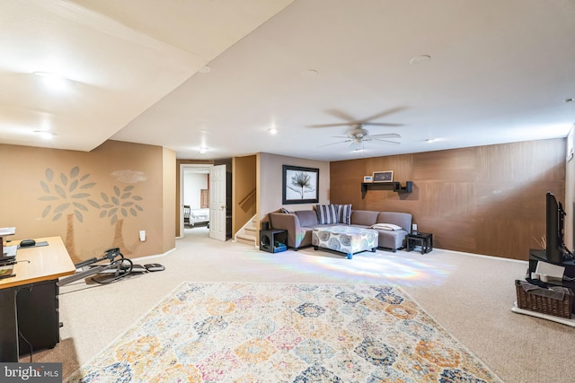 bedroom featuring ceiling fan and light colored carpet