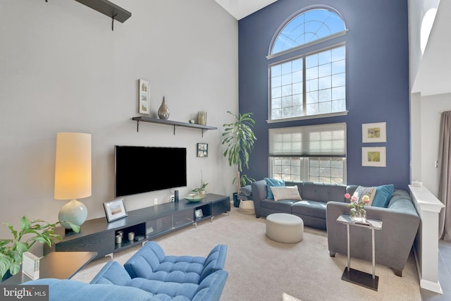 living room with carpet floors and a high ceiling