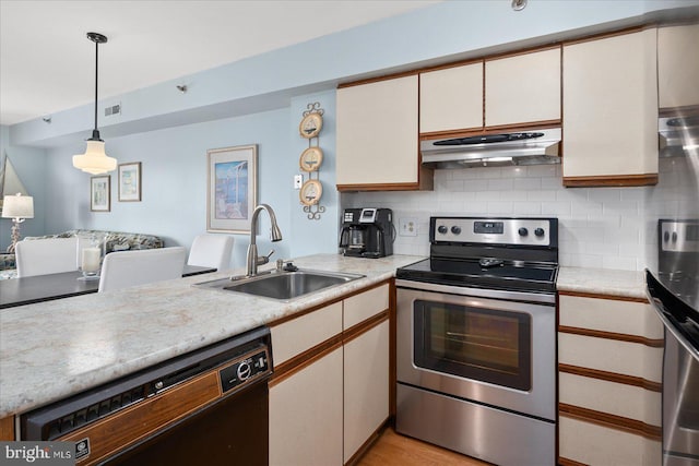 kitchen with electric stove, sink, dishwasher, hanging light fixtures, and tasteful backsplash