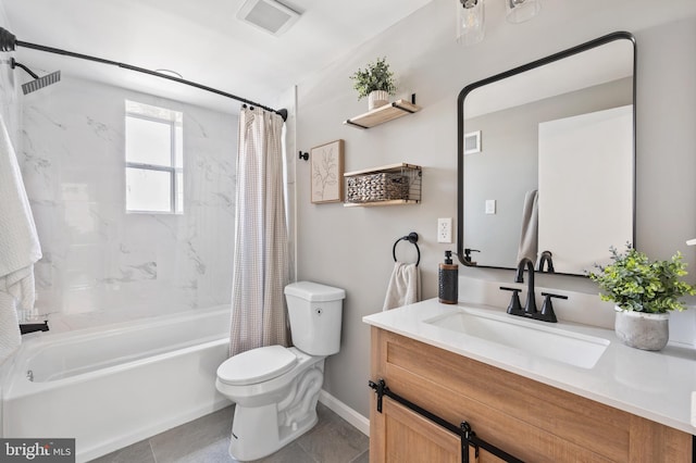 full bathroom featuring shower / tub combo with curtain, vanity, tile patterned flooring, and toilet