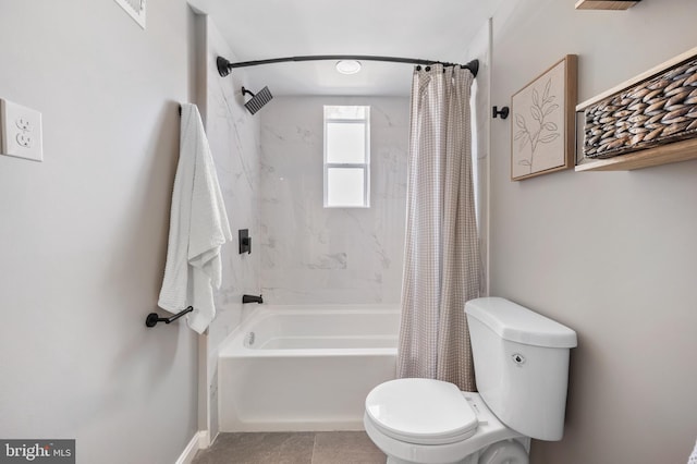 bathroom with shower / bathtub combination with curtain and toilet