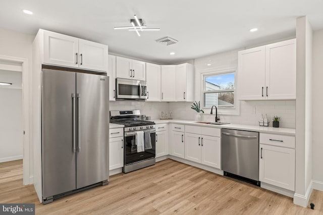 kitchen with appliances with stainless steel finishes, sink, light hardwood / wood-style flooring, and white cabinets