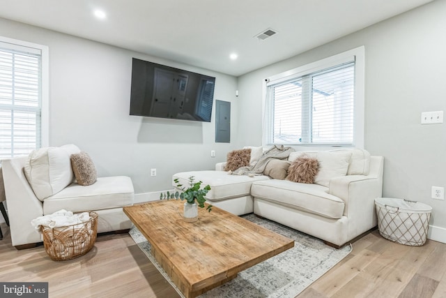 living room featuring hardwood / wood-style flooring and electric panel