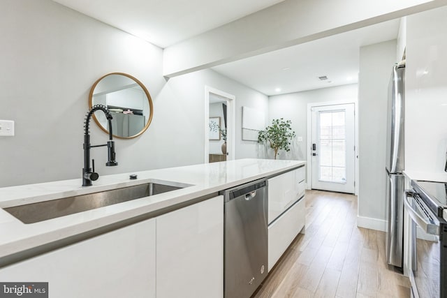 kitchen with white cabinetry, appliances with stainless steel finishes, sink, and light hardwood / wood-style flooring