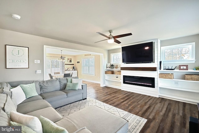 living room featuring wood-type flooring, a large fireplace, and ceiling fan with notable chandelier