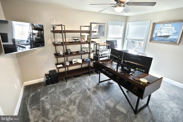 carpeted office featuring ceiling fan