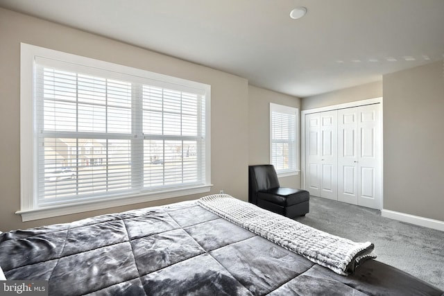 bedroom featuring a closet and carpet flooring