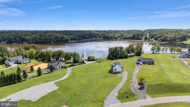 drone / aerial view with a water view