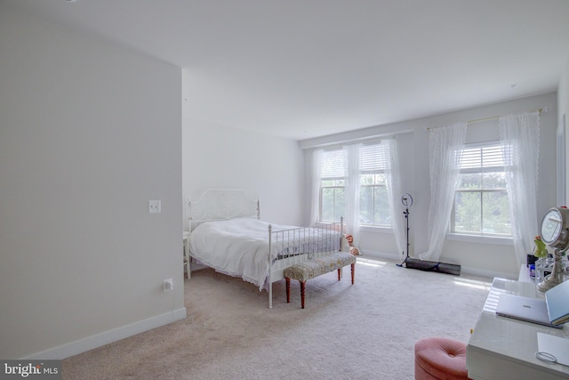 bedroom with light colored carpet