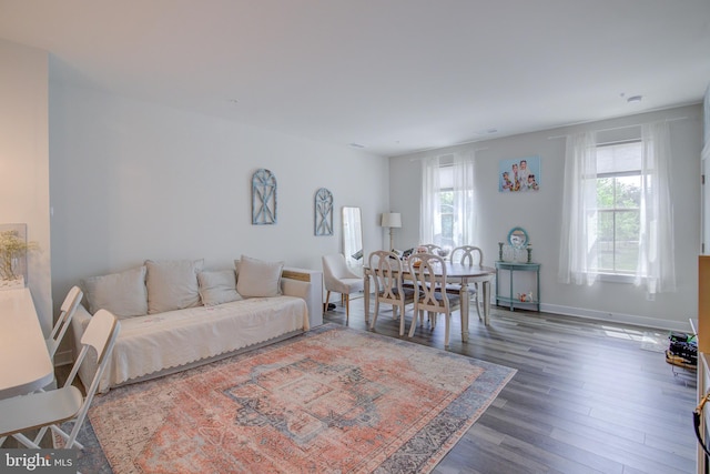 living room featuring dark wood-type flooring