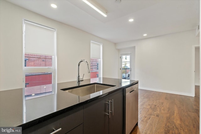 1501 N 31st St Unit 205, Philadelphia, PA 19121 - kitchen featuring dark wood finished floors, dark countertops, recessed lighting, stainless steel dishwasher, and a sink