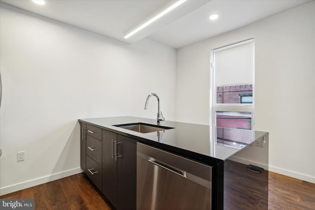 1501 N 31st St Unit 205, Philadelphia, PA 19121 - kitchen featuring dark brown cabinetry, dark wood-type flooring, a sink, baseboards, and stainless steel dishwasher