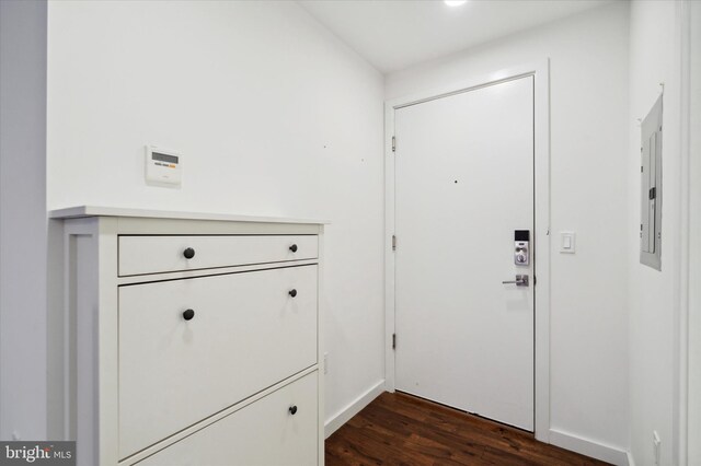 1501 N 31st St Unit 205, Philadelphia, PA 19121 - doorway to outside featuring electric panel, dark wood finished floors, and baseboards