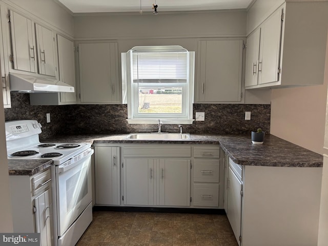 kitchen featuring electric stove, sink, white cabinetry, and decorative backsplash